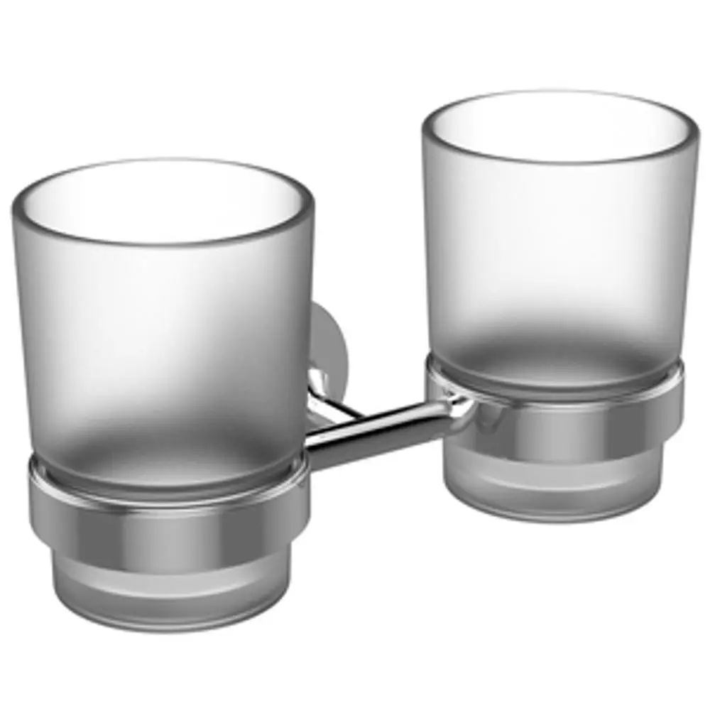 Doppelter Glashalter aus mattem Glas mit chromfarbener Halterung von Ideal Standard. Die Gläser sind an einer gemeinsamen Halterung befestigt.
